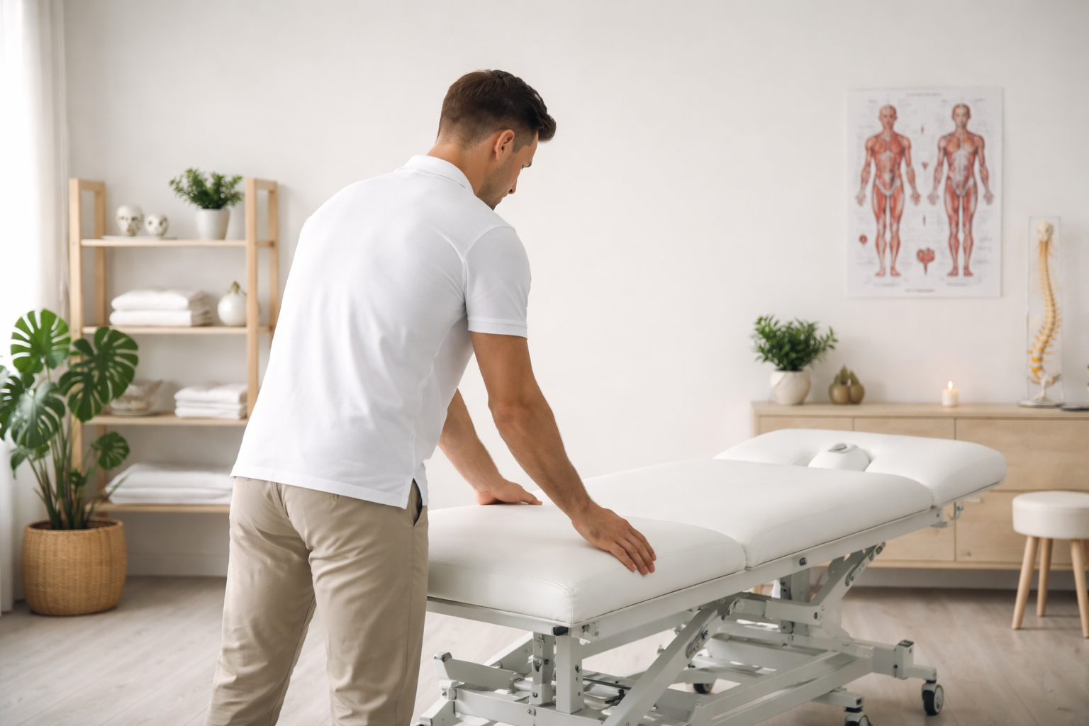 fisioterapista prepara il lettino per un trattamento