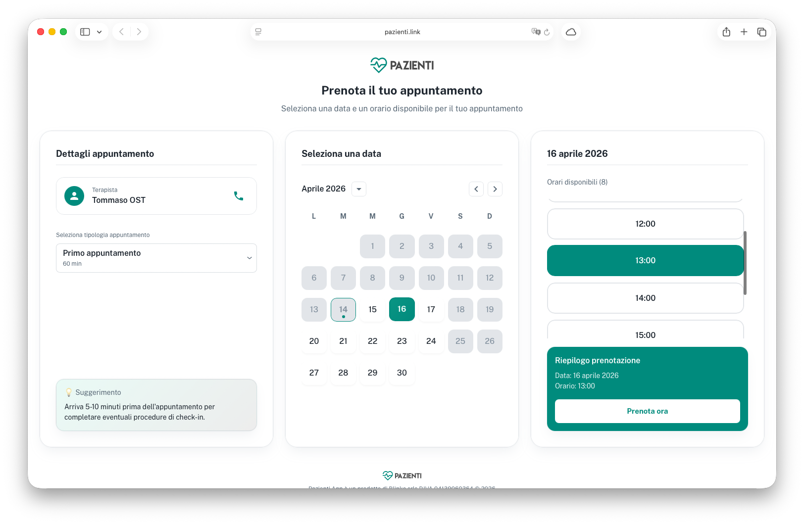 Anteprima prenotazione online